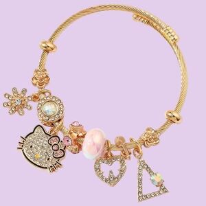 Hello Kitty Gold Cable Charm Bangle Bracelet Sanrio Kawaii Pink & Crystal Charms
